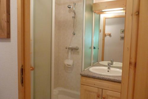uma casa de banho com um chuveiro, um lavatório e um espelho. em Appartement pied des pistes, 6 personnes, 2 chambres - GRAN11 em Beaufort
