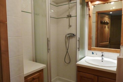 une salle de bain avec douche et lavabo dans l'établissement Appartement chaleureux, 4 personnes, 1 chambre, 1 coin montagne - ISALINE07, à Beaufort