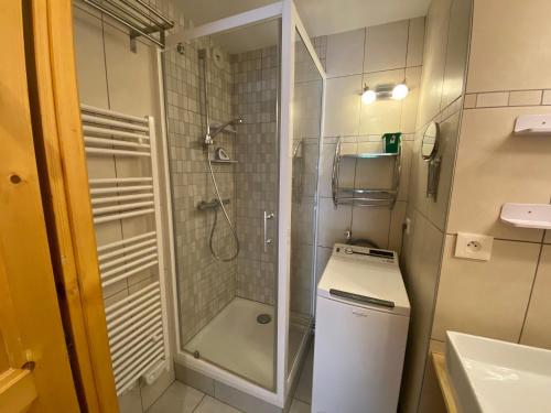 La petite salle de bains est pourvue d'une douche et de toilettes. dans l'établissement Appartement cosy, 6 personnes, 2 chambres - MER11, à Beaufort