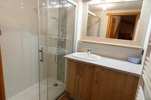 une salle de bain avec une douche, un lavabo et un miroir dans l'établissement Appartement neuf et cosy, 4 personnes, 2 chambres - NEIGES05, à Beaufort