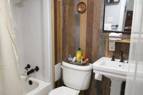 La salle de bains est pourvue de toilettes et d'un lavabo. dans l'établissement Boho-Chic Retreat - Unit 3, à Bloomington