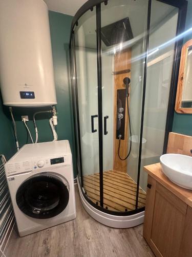 une machine à laver dans une salle de bain avec douche dans l'établissement Appartement cosy rénové, 4 personnes, 1 coin montagne - AR2022, à Beaufort