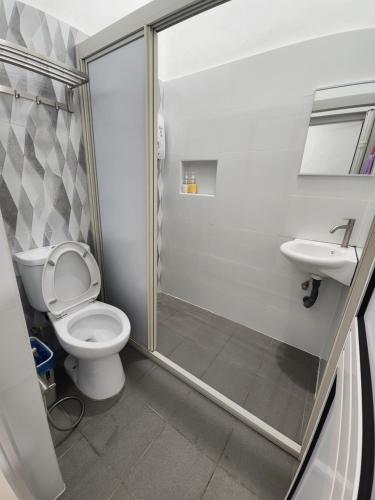 a bathroom with a shower and a toilet and a sink at Voon 4 bedroom homestay Mersing 2 in Mersing