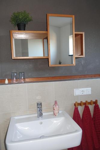 La salle de bains est pourvue d'un lavabo blanc et d'un miroir. dans l'établissement Ferienwohnung VITA, à Lindenberg im Allgäu
