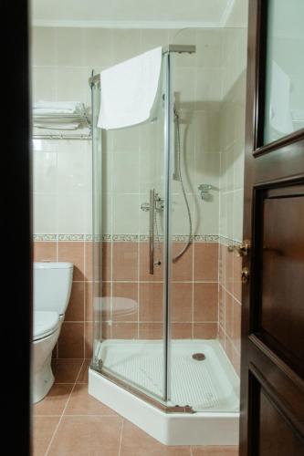 a shower with a glass door in a bathroom at Hotel Capitol in Iaşi