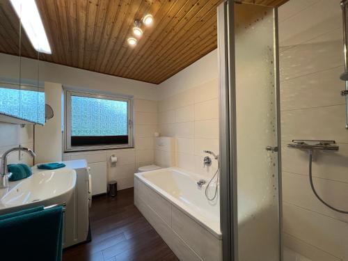 a bathroom with a tub and a shower and a sink at Hof Dalhaus in Lüdinghausen