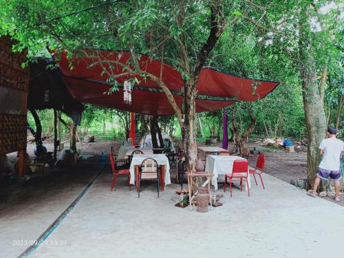 un grupo de mesas y sillas bajo un árbol en Wellness & Fitness In Life Rejuvenating Kubo La Union, 