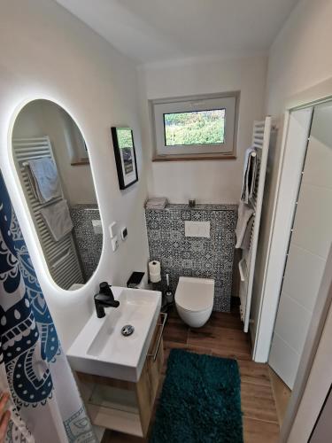 a bathroom with a sink and a toilet and a mirror at Silent Hill House in Bleckede