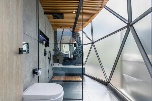 a bathroom with a toilet and a sink at Mirror Glamping in Sesquilé