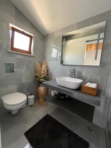La salle de bains est pourvue d'un lavabo, de toilettes et d'un miroir. dans l'établissement Casa Gil, Quinta Carmo - Alcobaça/ Nazaré, à Alcobaça