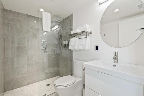 ein Badezimmer mit einem WC, einem Waschbecken und einem Spiegel in der Unterkunft Boutique Room steps from Downtown Mall Rose Jean - Room 4 in Charlottesville