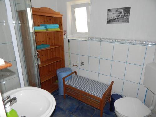 a bathroom with a sink and a toilet and a shower at Ferienwohnung Zesch am See in Zossen