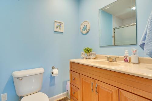 a bathroom with a toilet and a sink and a mirror at Charming Howard Getaway with Deck, 1 Mi to Lake! in Howard