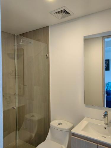 La salle de bains est pourvue d'une douche, de toilettes et d'un lavabo. dans l'établissement Apartamento Chic en el corazón de Bogotá, à Bogotá