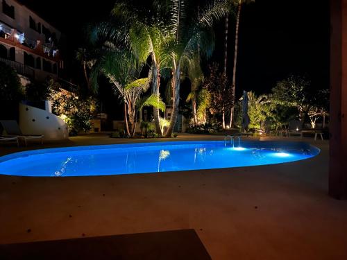 a large blue swimming pool at night with palm trees at La Pina Verde in Estepona