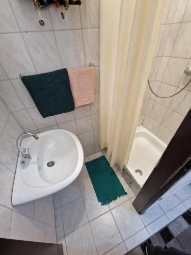 een badkamer met een witte wastafel en een douche bij Central City Apartment in Wenen