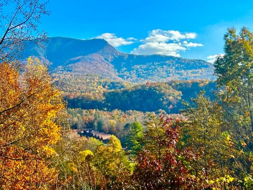 Elle offre une vue sur une vallée avec des arbres et des montagnes. dans l'établissement Hawks View Gatlinburg Mountain Cabin, à Gatlinburg