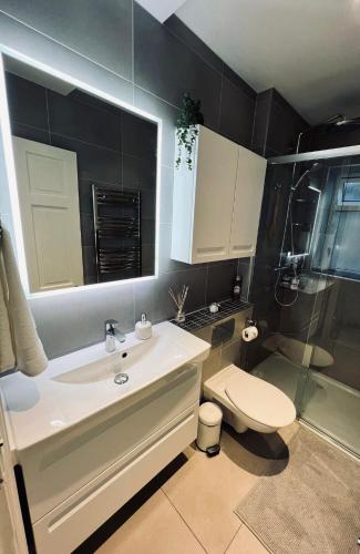 y baño con lavabo, aseo y ducha. en Comfy double room in Clapham en Londres