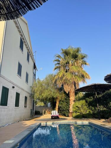 a swimming pool in front of a building with a palm tree at 2 Bed Flat - Sleeps 6 - Pool - Garden - Parking in Milna