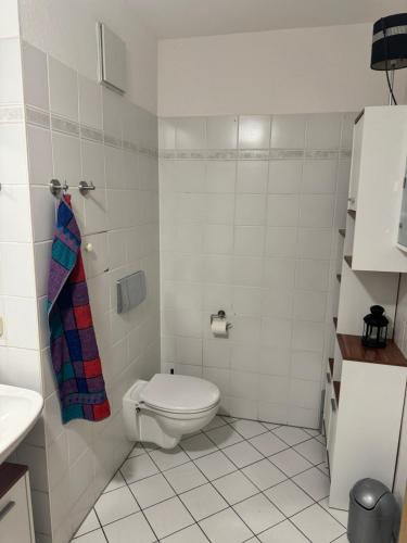 Baño blanco con aseo y lavamanos en Schöne Wohnung in einer ruhiger Umgebung, en Machern