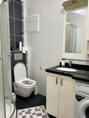 a bathroom with a toilet and a sink and a mirror at Gulev in Istanbul