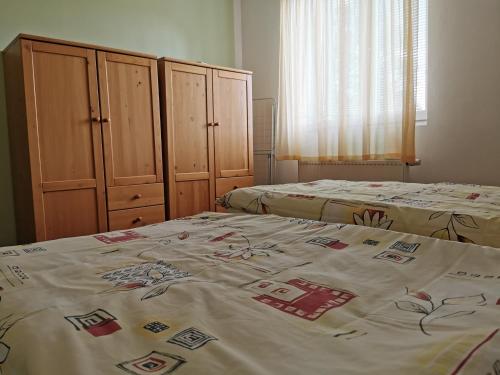a bedroom with two beds and wooden cabinets at Penzion Mia in Dolní Moravice