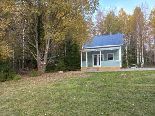 a small blue house in the middle of a field at Fritidshus Hammare Hagfors in Hagfors