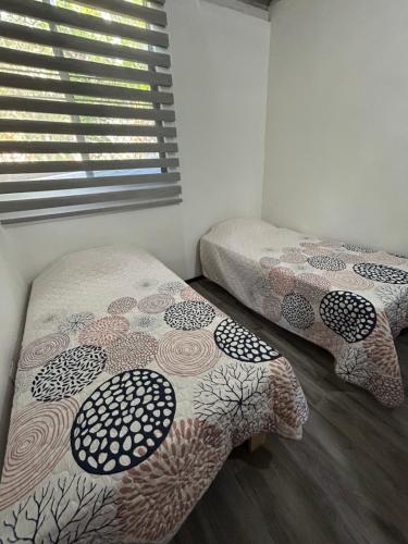 2 camas individuales en una habitación con ventana en Departamento Amueblado con Alberca Pedregal A, en Tamasopo