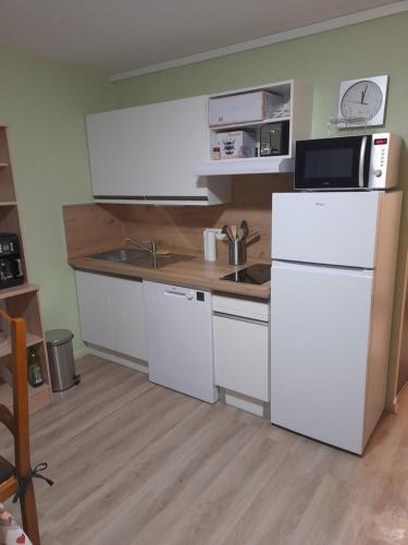 kuchnia z białą lodówką i zlewem w obiekcie Chan(se) w mieście La Feclaz