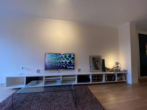 a living room with a flat screen tv on the wall at Nette maisonnette in groene rustige wijk in Rijswijk