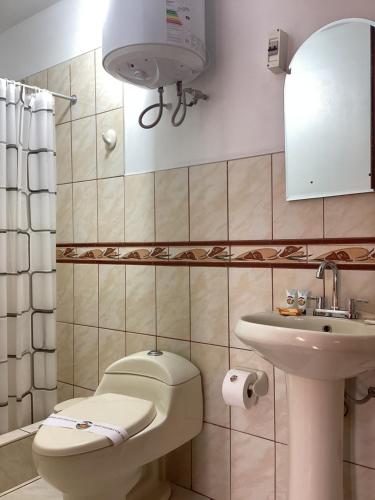 a bathroom with a toilet and a sink at Las Torrecitas in Carhuaz