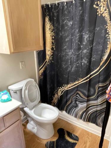 a bathroom with a toilet and a black shower curtain at Make it your own!(Willow Bend) in Plano