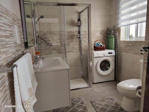 a bathroom with a shower and a washing machine at Lilly's Sea view, beachfront apartment in Marsalforn