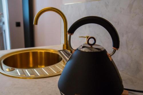 a black tea kettle on a counter next to a sink at HOLI in Toruń