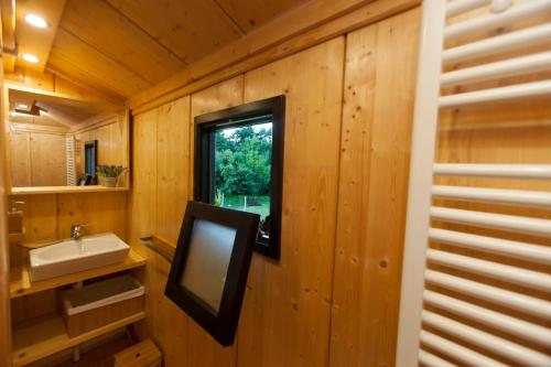 La salle de bains est pourvue d'une télévision, d'un lavabo et d'une fenêtre. dans l'établissement Quinta Lamosa Agroturismo, à Arcos de Valdevez