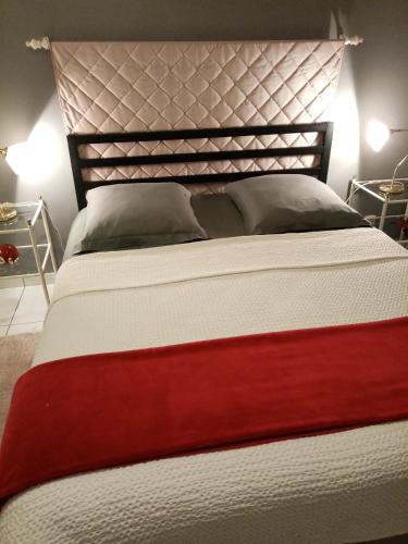 1 dormitorio con 1 cama grande con manta roja en Chambre d' hote avec grand lit et salle d'eau privative pour une persone ou un couple, en Vern-sur-Seiche