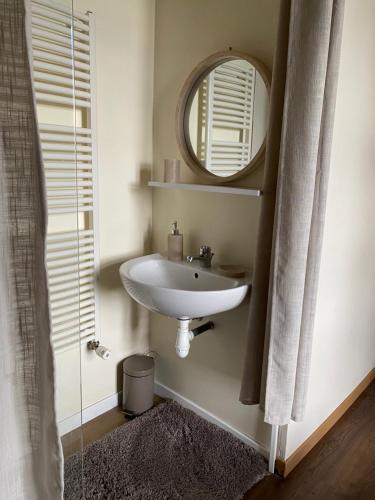 Auberge de Corsas في Saint-Victor: حمام مع حوض ومرآة