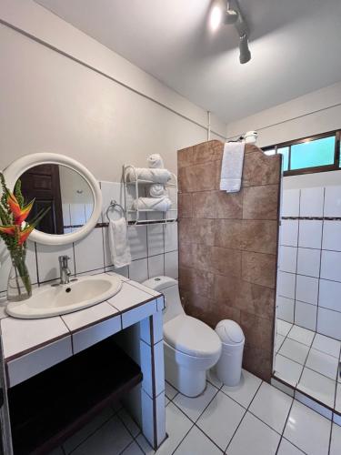 a bathroom with a toilet and a sink and a mirror at Hotel Villas de la Colina in Atenas