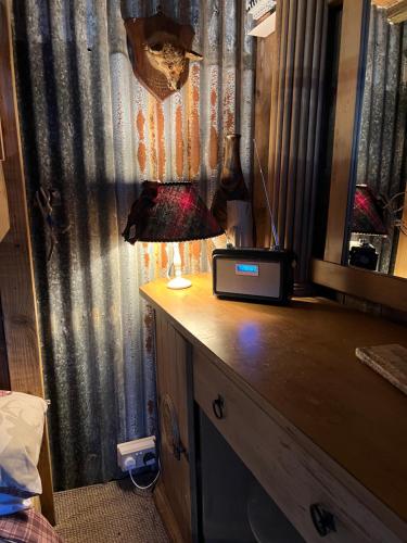 un escritorio con una lámpara encima de un tocador en Bridie -rose Sleeps 4 to 6 with hot tub at extra cost en Kington