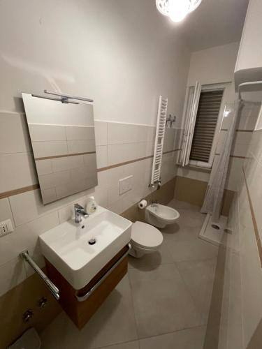 a bathroom with a sink and a toilet and a mirror at La Dimora del Maggio in Accettura