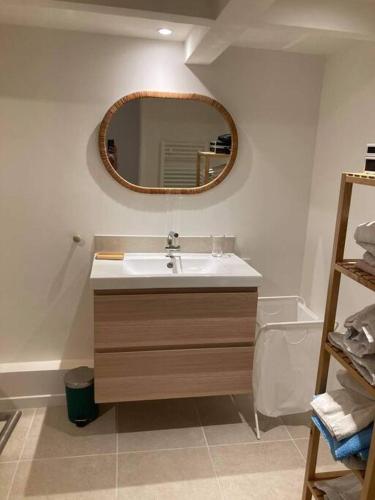 une salle de bain avec un lavabo, un miroir et une baignoire dans l'établissement Charmant studio Vauban, à Marseille