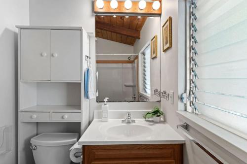 a bathroom with a sink and a toilet and a mirror at Spacious Serene Sanctuary- 14 min to Muir Woods in Mill Valley