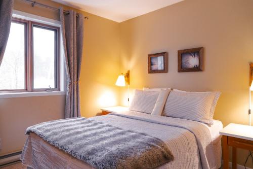 a bedroom with a large bed and a window at Mont Blanc Hôtel & Condos in Mont-Blanc
