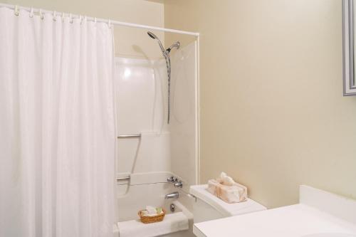 a white bathroom with a shower curtain and a toilet at Mont Blanc Hôtel & Condos in Mont-Blanc