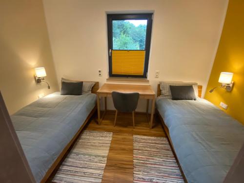 two beds in a room with a table and a window at Barrierefreies Ferienapartment A2 Villa Wilisch 55qm in Amtsberg