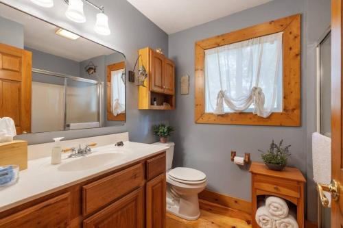 a bathroom with a sink and a toilet and a mirror at Water's Edge-Lakefront Cabin W/Dock, Views, Etc. in Winchester
