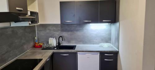 a kitchen with black cabinets and a sink at Studio élégant aux Abymes - 50 m² + Terrasse in Les Abymes