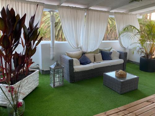 Casa Doramas B&B VV في لاس بالماس دي غران كاناريا: غرفة معيشة مع أريكة وسجاد أخضر