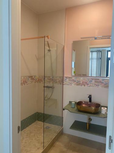 uma casa de banho com uma cabina de duche em vidro e um lavatório. em La Macarena em Sevilha