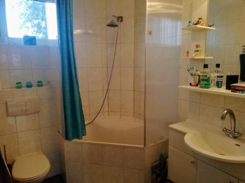 a bathroom with a shower and a toilet and a sink at Rooms for longer stays with Invoice in Houten